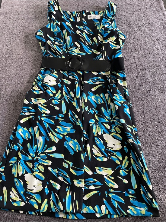 Studio I Dresses & Skirts - Studio I Black Floral-Brush Midi Dress with Belt - Blue, Aqua & White. Size 4P